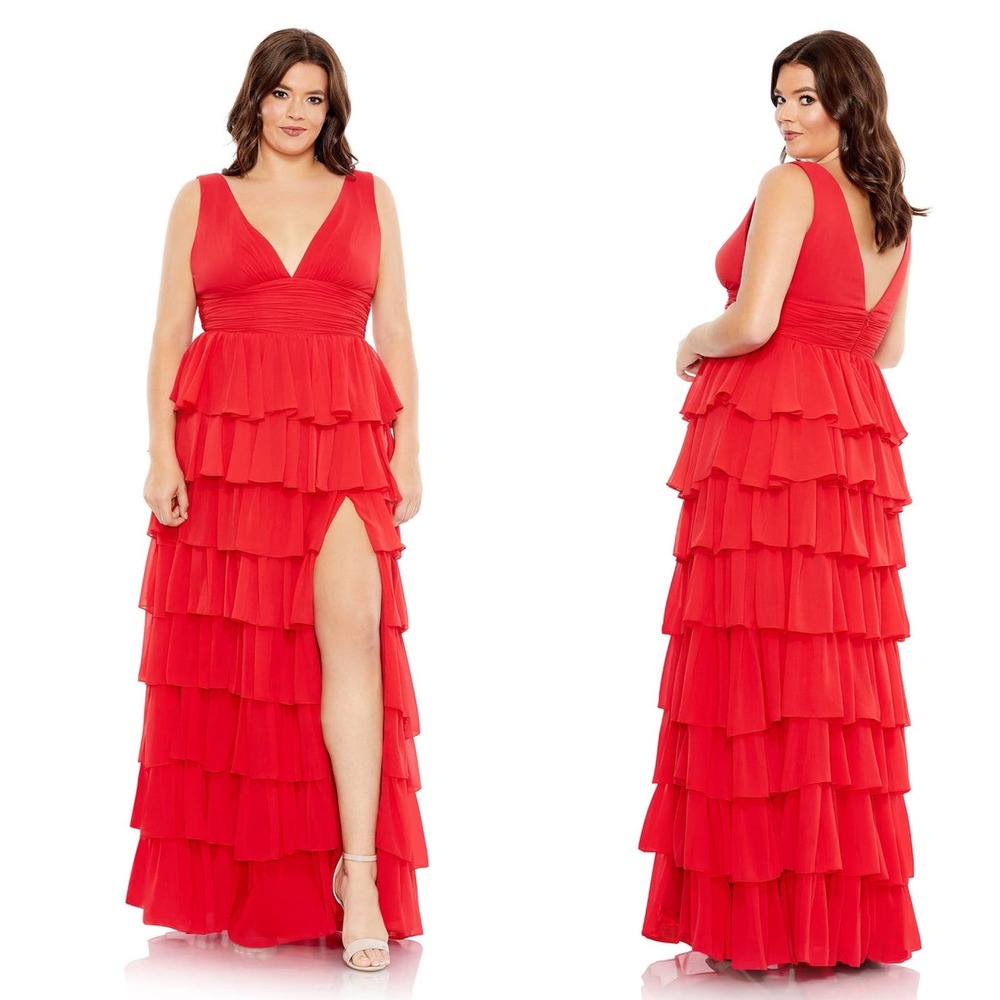 NEW MAC DUGGAL 68119 $458 RED RUFFLE TIERED SLEEVELESS MAXI DRESS Plus Size 18W